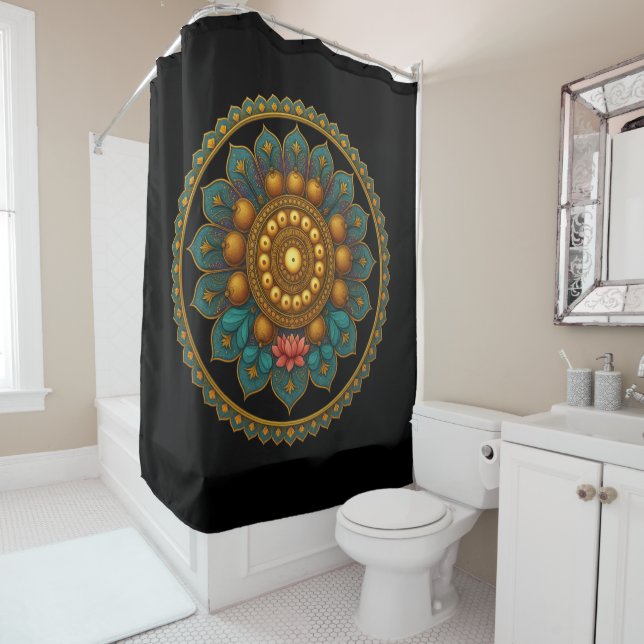 Turquoise Lotus Mandala - Black Boho Graphic Art Duschvorhang (Beispiel)