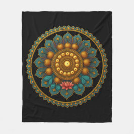 Turquoise Lotus Mandala - Black Boho Graphic Art Fleecedecke