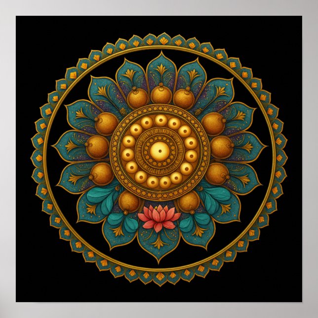 Turquoise Lotus Mandala - Black Boho Graphic Art Poster (Vorne)