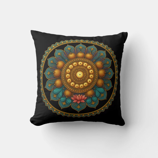 Turquoise Lotus Mandala - Reversible Black Boho Kissen (Vorderseite)