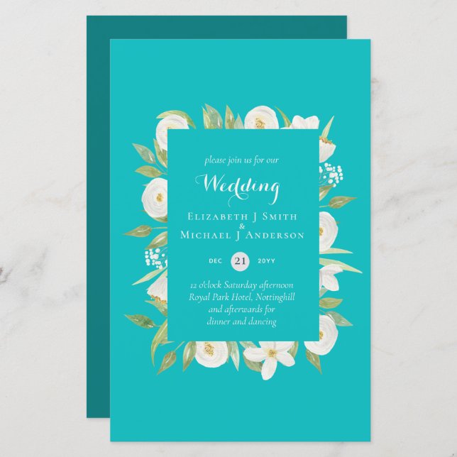 Turquoise Magnolia Floral Budget Hochzeit Einladun (Vorne/Hinten)