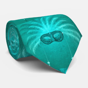 Turquoise Mardi Gras Feather Face Maske NeckTie Krawatte