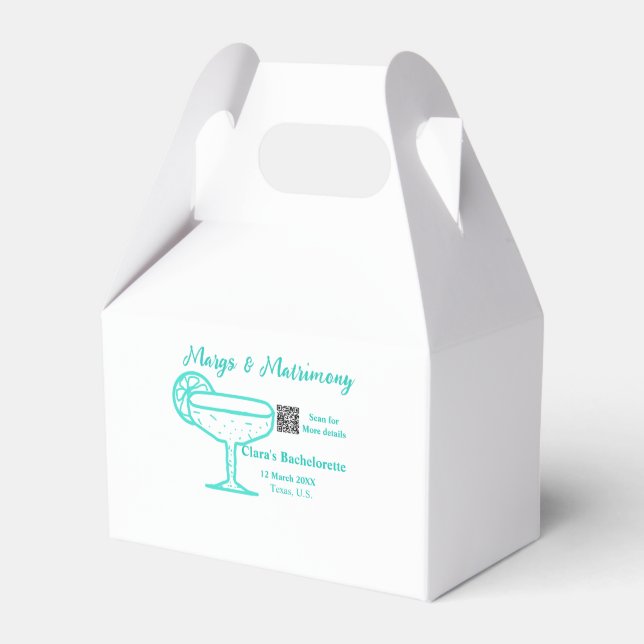 Turquoise Margs & Matrimone Junggeselinnen-Abschie Geschenkschachtel (Vorderseite)