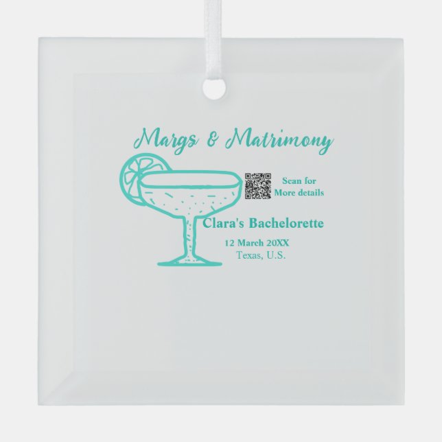 Turquoise Margs & Matrimone Junggeselinnen-Abschie Ornament Aus Glas (Vorderseite)