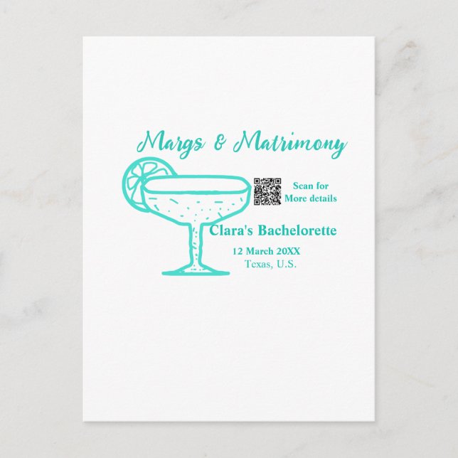 Turquoise Margs & Matrimone Junggeselinnen-Abschie Postkarte (Vorderseite)