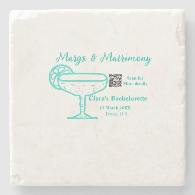 Turquoise Margs & Matrimone Junggeselinnen-Abschie Steinuntersetzer (Vorderseite)