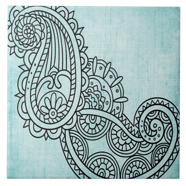 Turquoise Mehndi Motif Tile Fliese (Vorderseite)