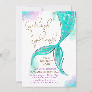 Turquoise Mermaid Splish Splash Girl Birthday Einladung