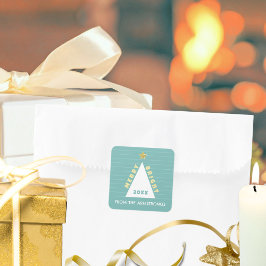 Turquoise Minimalist Christmas Tree Name Quadratischer Aufkleber