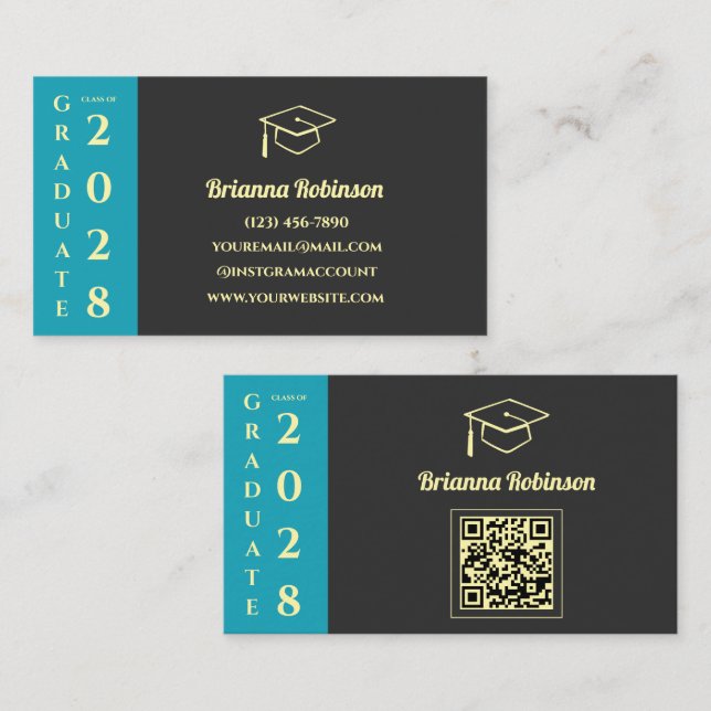Turquoise Modern Graduation QR Code Name Card Telefonnummerkarte (Vorne/Hinten)