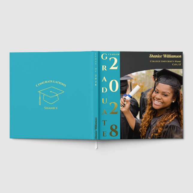 Turquoise Modern Photo Graduation Party Gold Gästebuch (Voll)