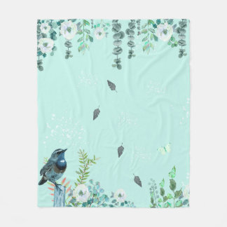 Turquoise Nature Watercolor Bird and Eucalyptus Fleecedecke