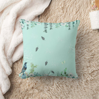 Turquoise Nature Watercolor Bird and Eucalyptus Kissen