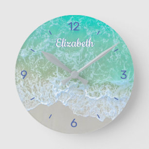 Turquoise Ocean Wave, DIY Name or Monogram, Blue Runde Wanduhr