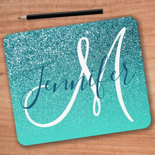Turquoise Ombre Teal Faux Glitter Monogram Mousepad (Von Creator hochgeladen)