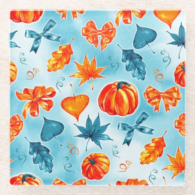 TURQUOISE & ORANGE HERBSTLAUBS BOWS PUMPKINS GLASUNTERSETZER (Vorderseite)