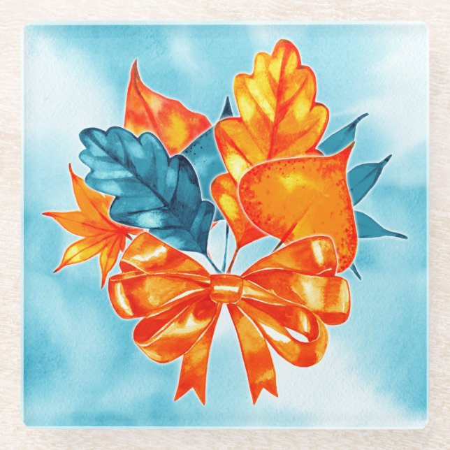 TURQUOISE & ORANGE HERBSTLAUBS BOWS PUMPKINS GLASUNTERSETZER (Vorderseite)