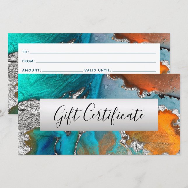 Turquoise Orange Silver Watercolor Geschenkgutsche (Vorne/Hinten)