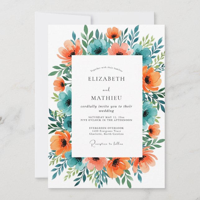 Turquoise Orange Splendid Summer Wedding Einladung (Vorderseite)