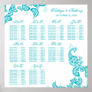 Turquoise Paisley Peacock Wedding Chart Poster