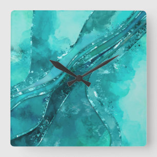 Turquoise palette Flowing Abstract Quadratische Wanduhr