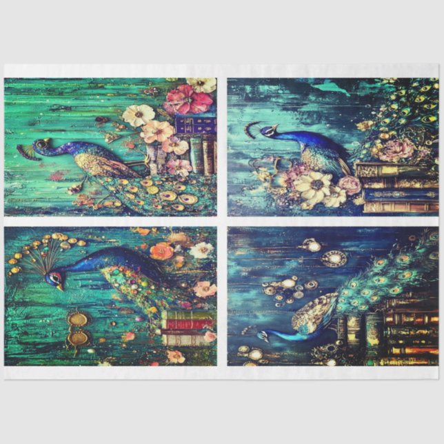 Turquoise Peacock Collage von Elsie Lane Seidenpapier (Vorderseite)