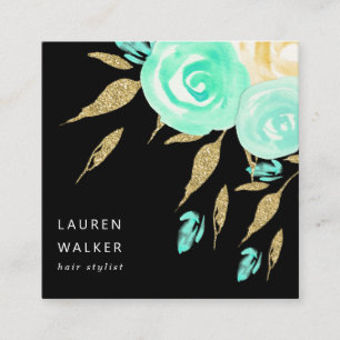 Turquoise Peonies Imitats Gold Glitzer Visitenkart Quadratische Visitenkarte