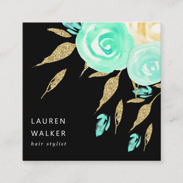Turquoise Peonies Imitats Gold Glitzer Visitenkart Quadratische Visitenkarte (Vorderseite)