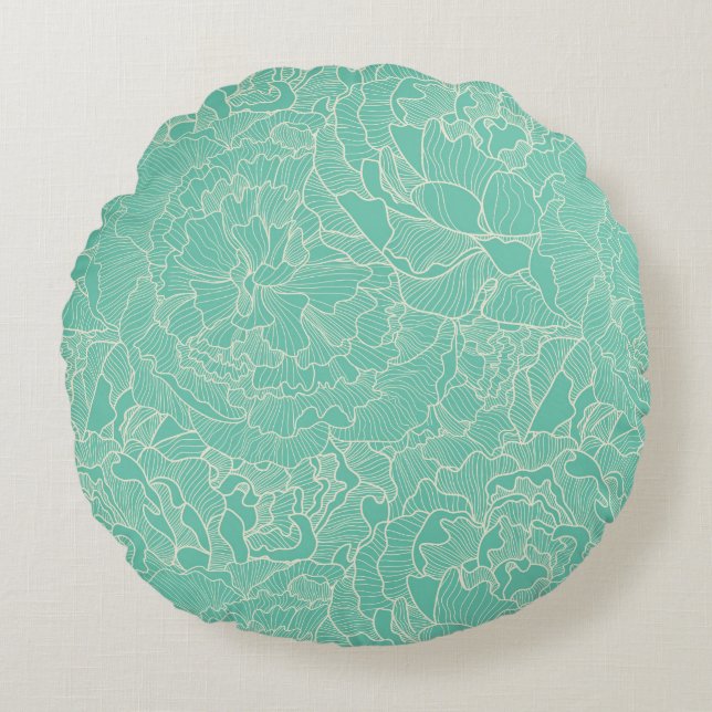 Turquoise Peony Pattern Rundes Kissen (Vorderseite)