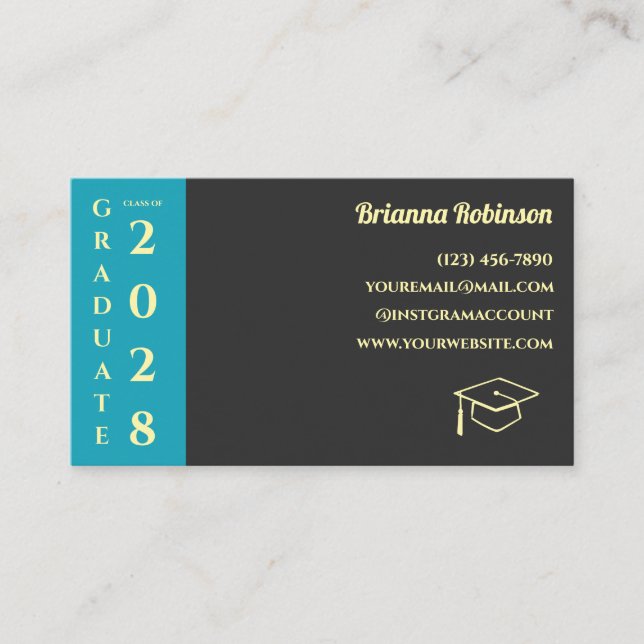 Turquoise Photo Modern Graduation Name Card Telefonnummerkarte (Vorderseite)