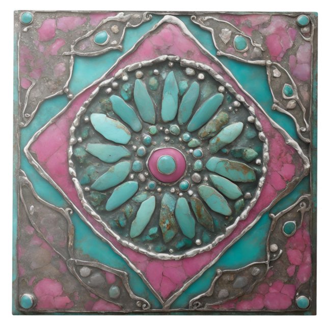 Turquoise & Pink Boho Mosaic Mandala Artwork Fliese (Vorderseite)