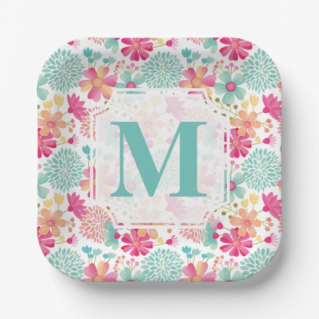 Turquoise Pink Painted Floral monogram Napkins Pappteller (Vorderseite)