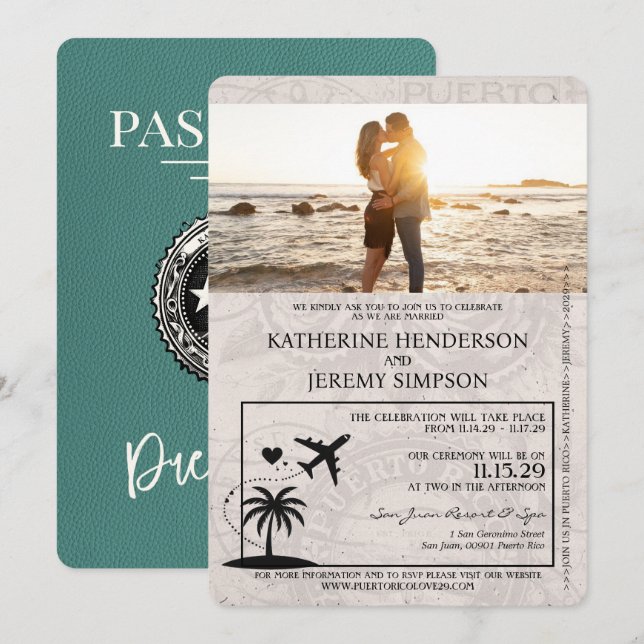 Turquoise Puerto Rico Passport Hochzeit Einladung (Vorne/Hinten)