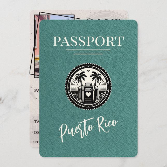 Turquoise Puerto Rico Passport Save The Date (Vorne/Hinten)