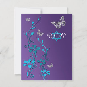 Turquoise, Purple Floral, Butterflies RSVP Card Einladung