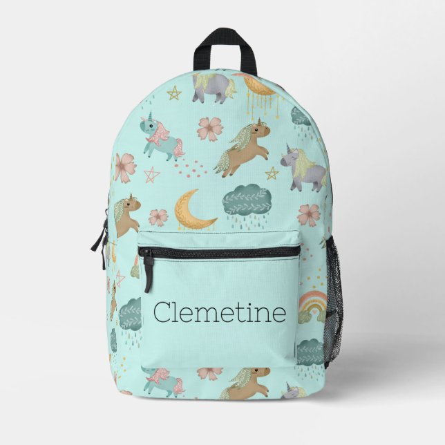 Turquoise Regenbogen- und Einhornrücksack Bedruckter Rucksack (Vorderseite)