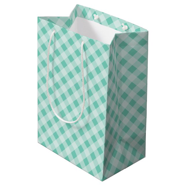 Turquoise Retro Gingham Gift Bag Mittlere Geschenktüte (Rückseite Schrägansicht)