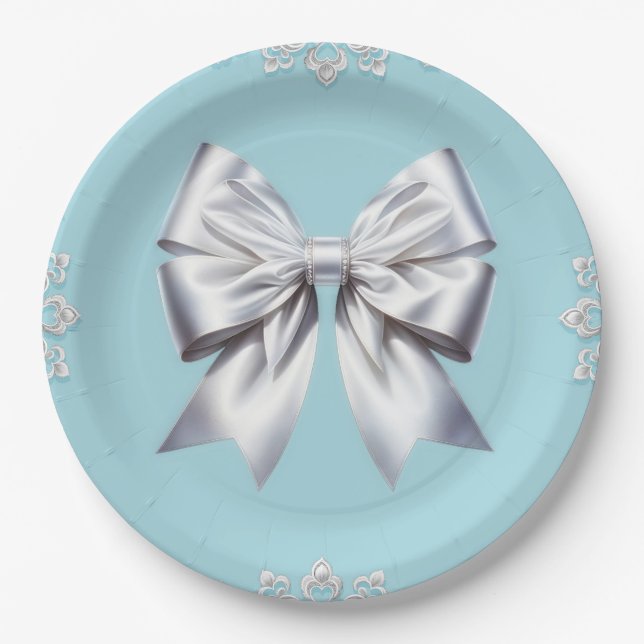 Turquoise Robin's Egg Blue Big White Bow Bridal Pappteller (Vorderseite)