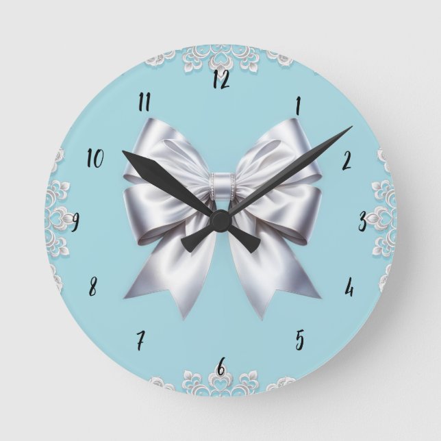 Turquoise Robin's Egg Blue Big White Bow Bridal Runde Wanduhr (Vorderseite)