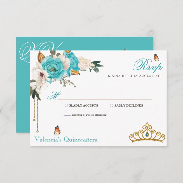 Turquoise Rose Gold Gemstone Tiara Quinceanera RSVP Karte (Vorne/Hinten)
