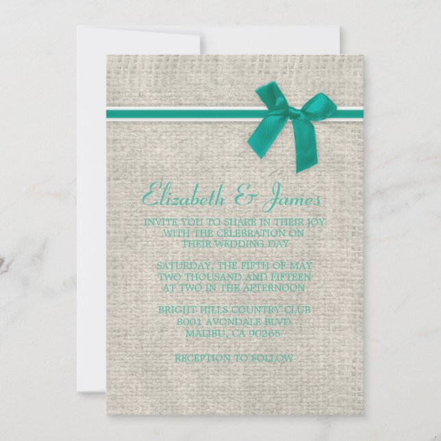 Turquoise Rustic Burlap Wedding Einladungen (Vorderseite)