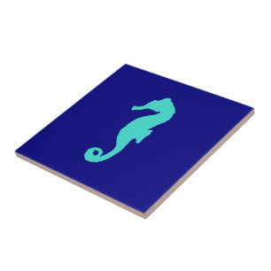Turquoise Seahorse On Navy Blue Coastal Decor Fliese