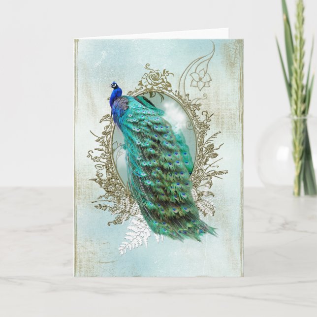 Turquoise Shabby Peacock Feiertagskarte (Vorderseite)