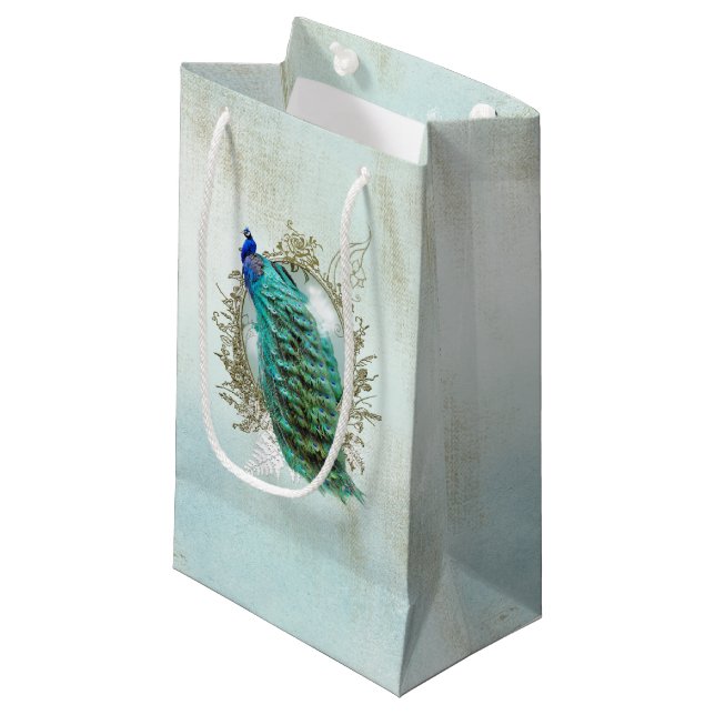 Turquoise Shabby Peacock Kleine Geschenktüte (Vorderseite Schrägansicht)