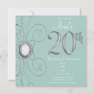 Turquoise Silver Diamond 20 20. Geburtstagsparty Einladung