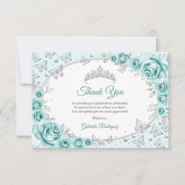 Turquoise Silver  Floral Quinceanera Dankeskarte (Vorderseite)