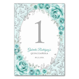 Turquoise Silver Floral Quinceanera Tischnummer