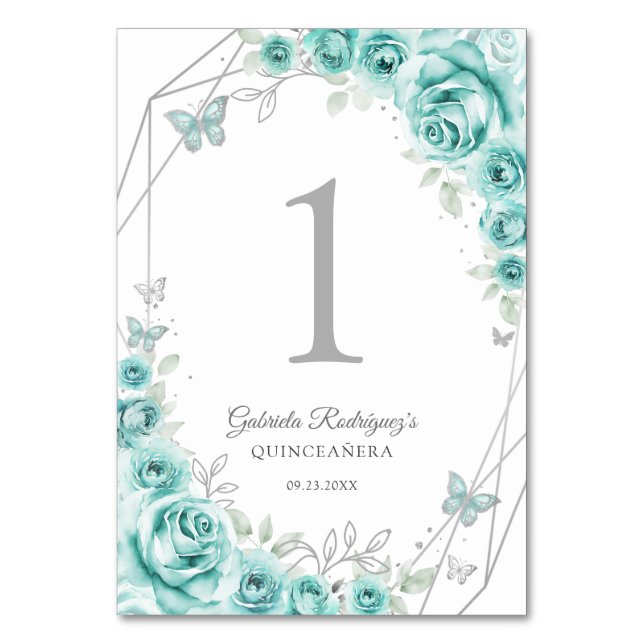 Turquoise Silver Floral Quinceanera Tischnummer (Vorderseite)