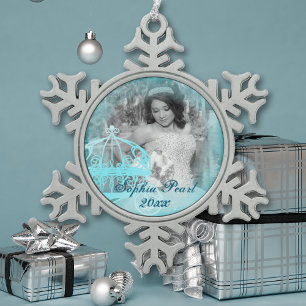 Turquoise Snowflake Christmas Photo Ornaments Schneeflocken Zinn-Ornament