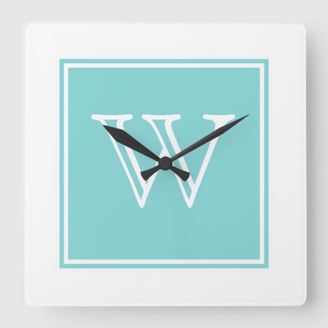 Turquoise Square Monogram Clock Quadratische Wanduhr (Vorderseite)